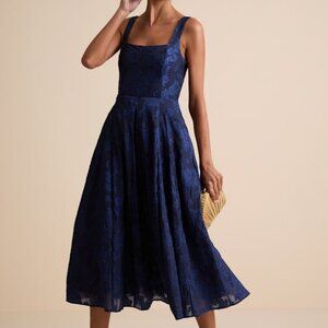 Lulus Loira Navy Burnout Jacquard Lace-up Midi Dress Blue - Size M